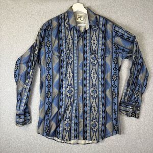 Roper Mens Large Pearl Snap Front Western Shirt Blue Aztec Print Long Sleeves